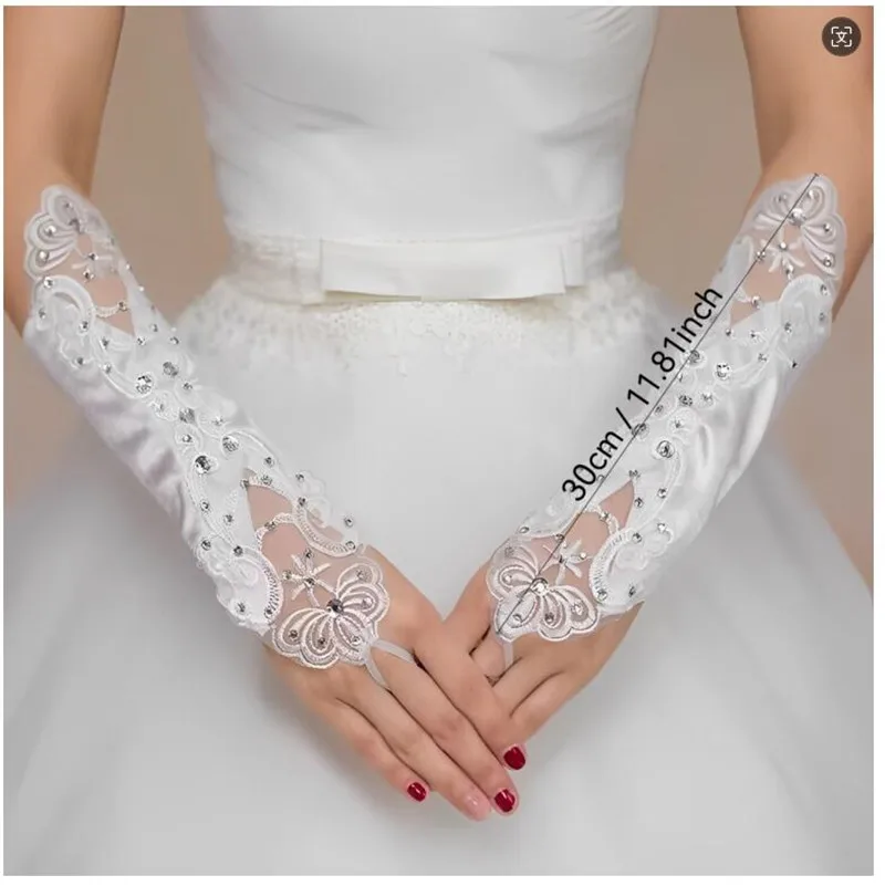 Guantes de novia sin dedos con diamantes de imitación bordados para mujer, longitud del codo, párrafo, accesorios de boda