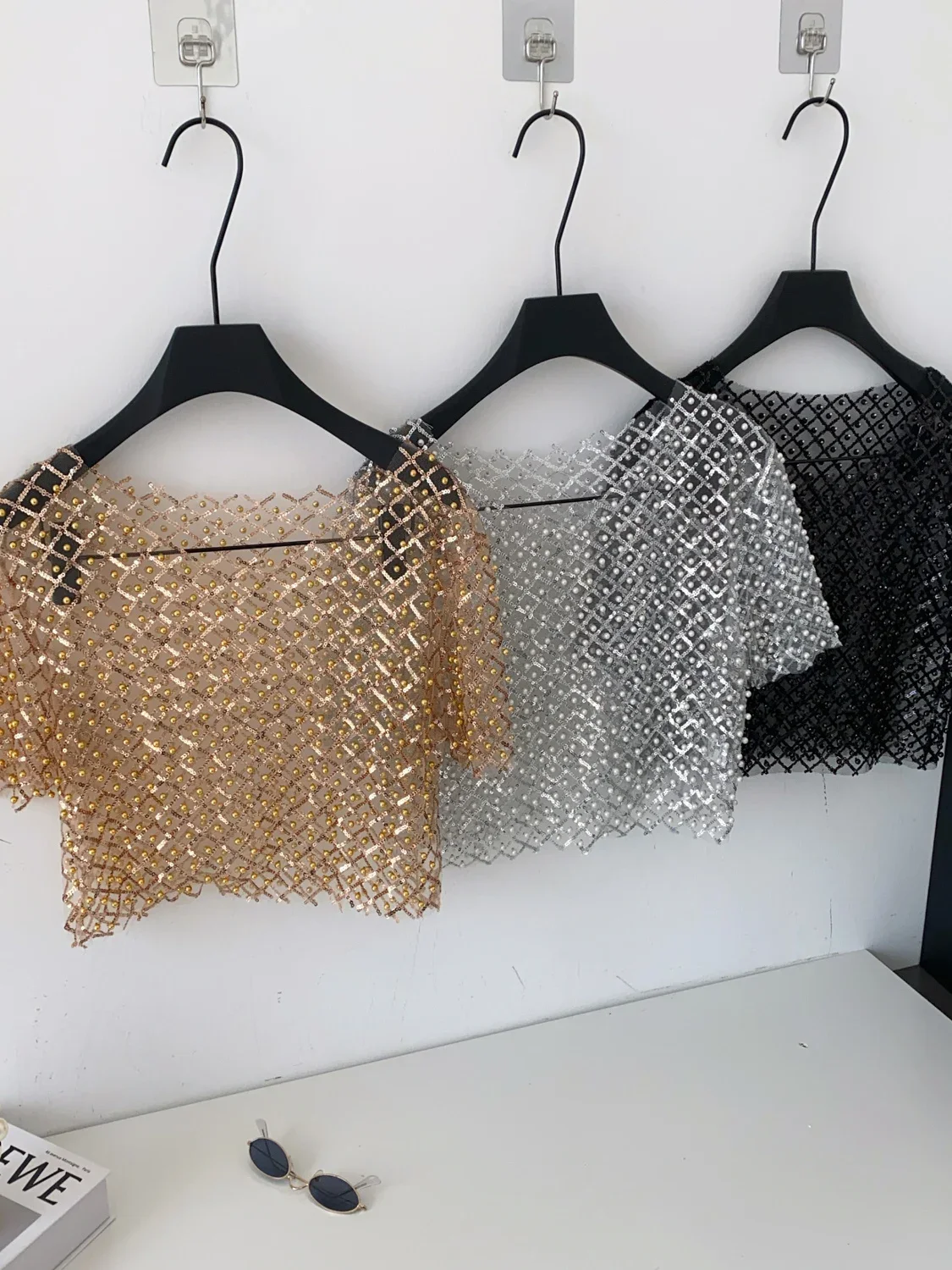 2026 New Fashionable Heavy Embellished Sequin Short Sleeve Women's T-shirt Thin Summer See-through Top Korean Style Loose Fit