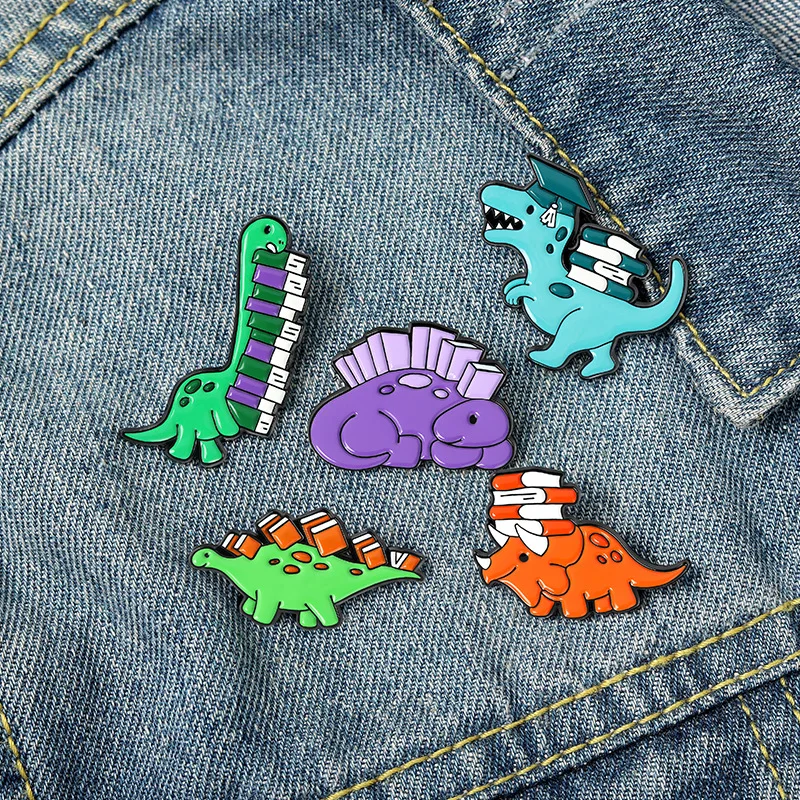 Creativity Dinosaurs Enamel Pins Tyrannosaurus Rex Triceratops Learning Reading Books Brooches Cute Animals Alloy Badges Jewelry