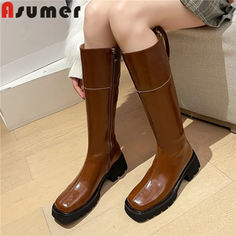 

ASUMER 2024 New Genuine Leather Winter Women Boots Zipper Ladies Knee High Boots Thick High Heels Platform Shoes