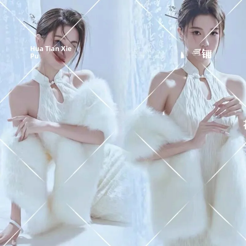 

Studio Photography Pure Desire Retro White Sexy Neck Hanging Slimming Republic of China Style Lace Improved Costume