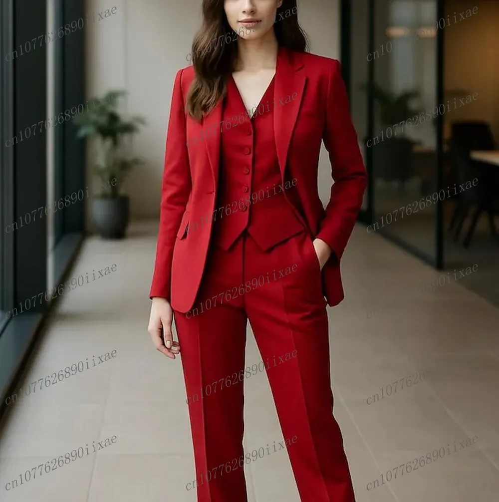 

New Red Formal Occasion Women Suit Wedding Party Business Office Lady Tuxedos 3 Piece Set Blazer Vest Pants Customized