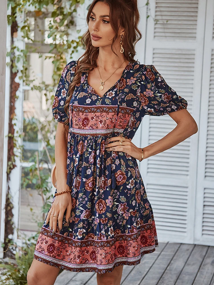 Floral Puff Sleeve Summer Dress Women Casual Loose Ruffle Boho Holiday Beach Sundress Green Vintage Elegant Lace-up Mini Dresses