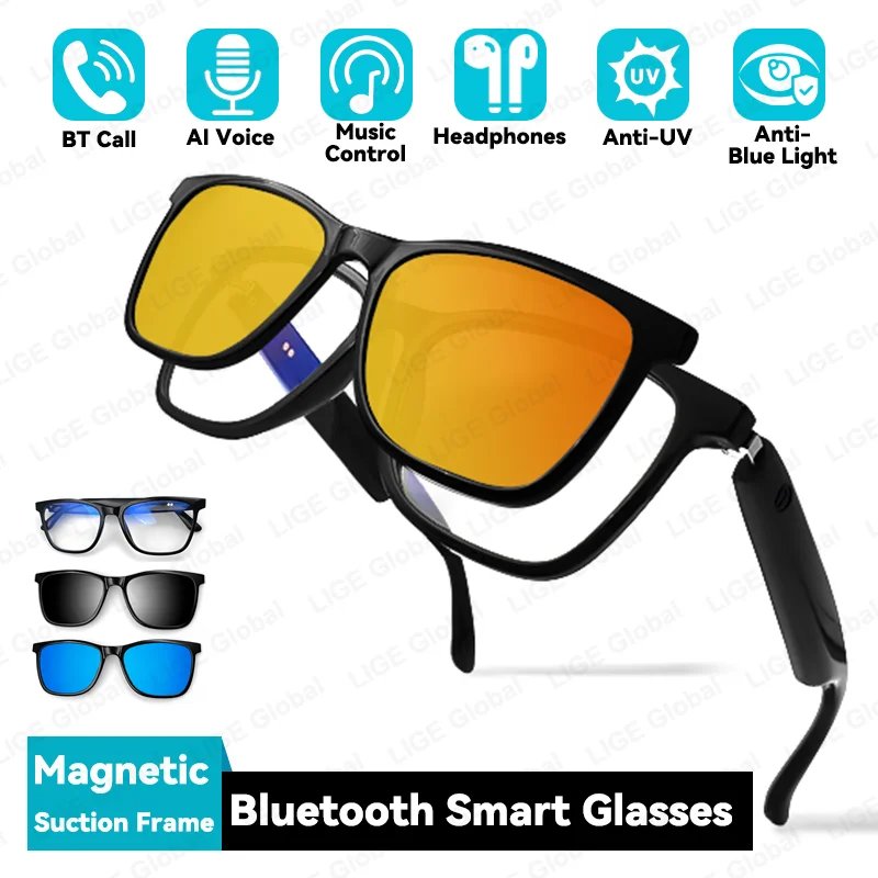 LIGE New AI Voice Bluetooth Call Smart Glasses 2 In 1 Polarized Anti-blue Light UV-Proof Magnetic Frame Lenses Music Sunglasses
