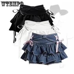 Blue Denim Pleated Skirt Bow Fold Design Women's A-line Short Skirt Built in Shorts American Spicy Girl Korean Fashion Hotsweet