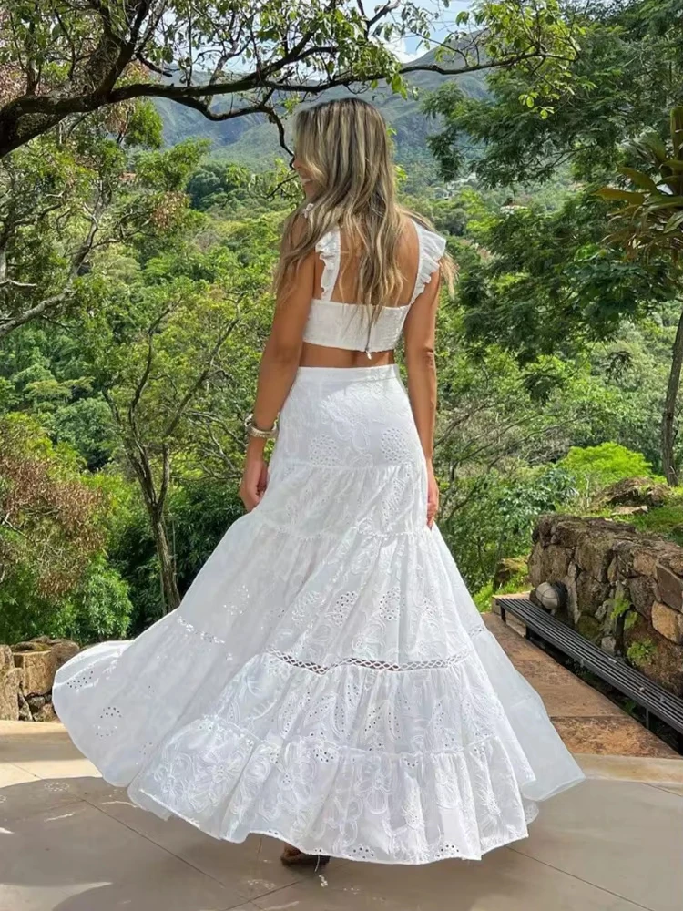 Boho White Lace 2 Piece Set Women Crop Top Maxi Skirt Outfits Coquette Cottagecore Hollow Out Tiered Ruffle Vacation Dress