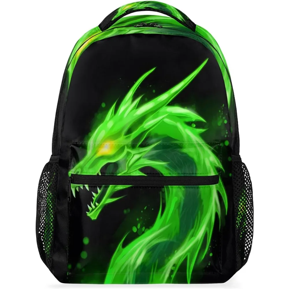 

Двойной рюкзак на плечо с крутым светящимся принтом зеленого дракона, большая вместимость с сетчатыми боковыми карманами, идеально подходит для любителей фэнтези