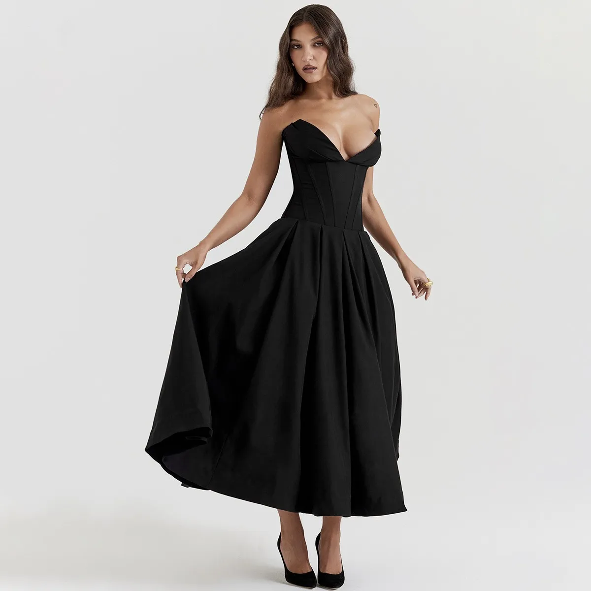 Elegant Party Dress Strapless Black Corset Waist Long Dresses A Line Skirt V Neck Maxi Dress Off Shoulder Pink Evening Dress