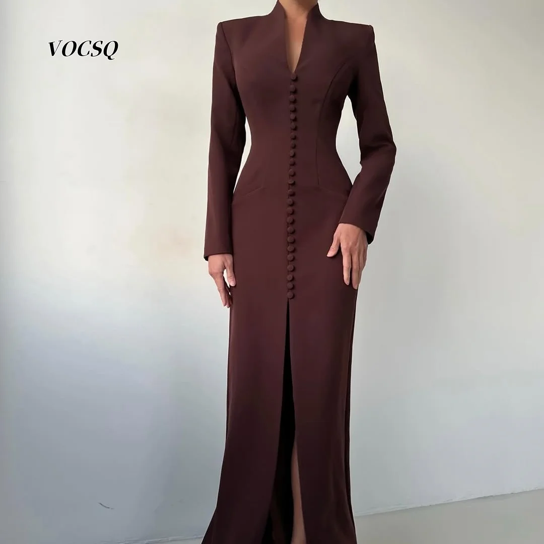 Prom Dresses Chocolate Brown Long Sleeve Evening Gown Stand Collar Slit Bodycon Maxi Dress for Women Banquet Customized