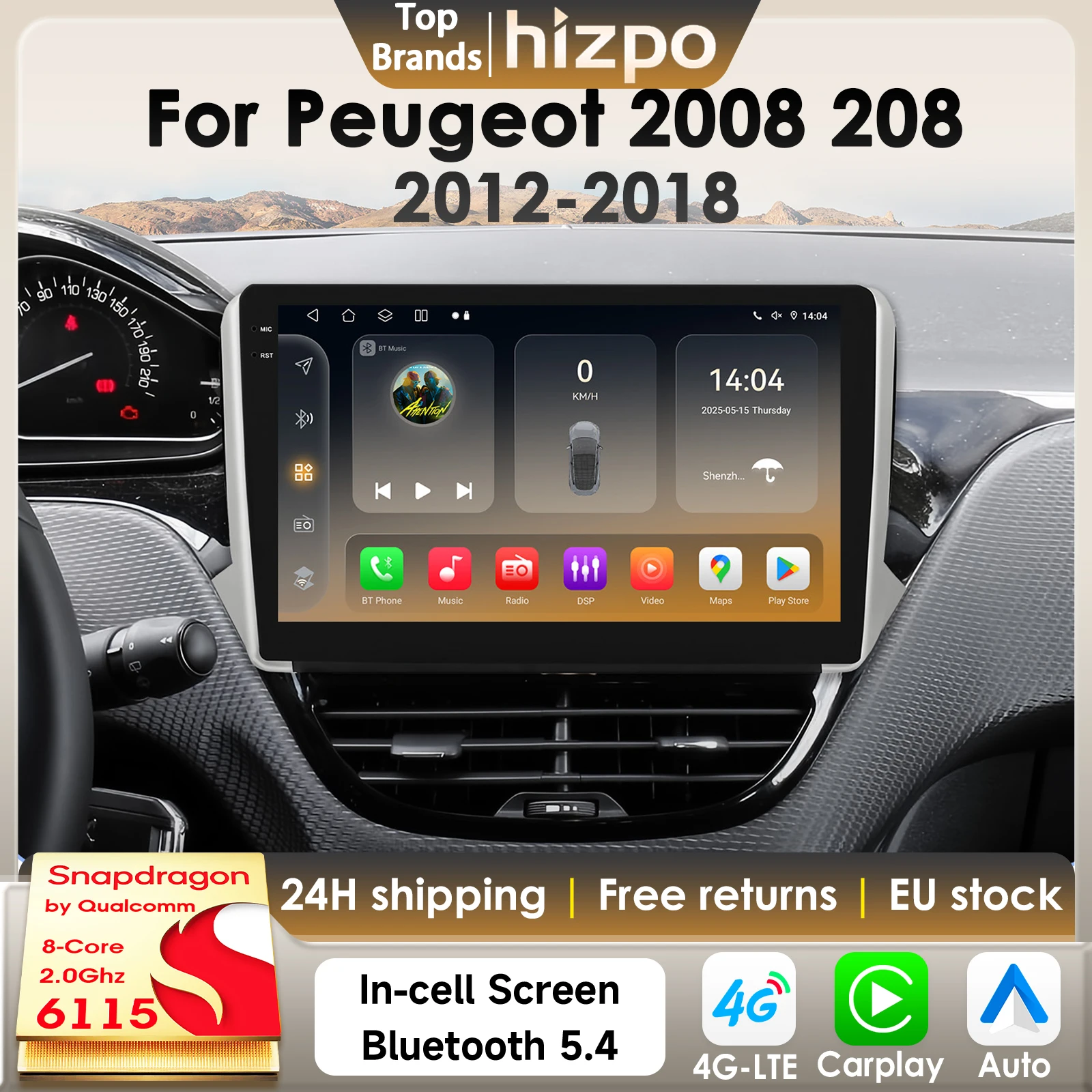 Hizpo 360 caméra sans fil CarPlay Android Auto autoradio pour Peugeot 2008 208 2012 - 2018 GPS 4G 2Din multimédia Snapdragon6115