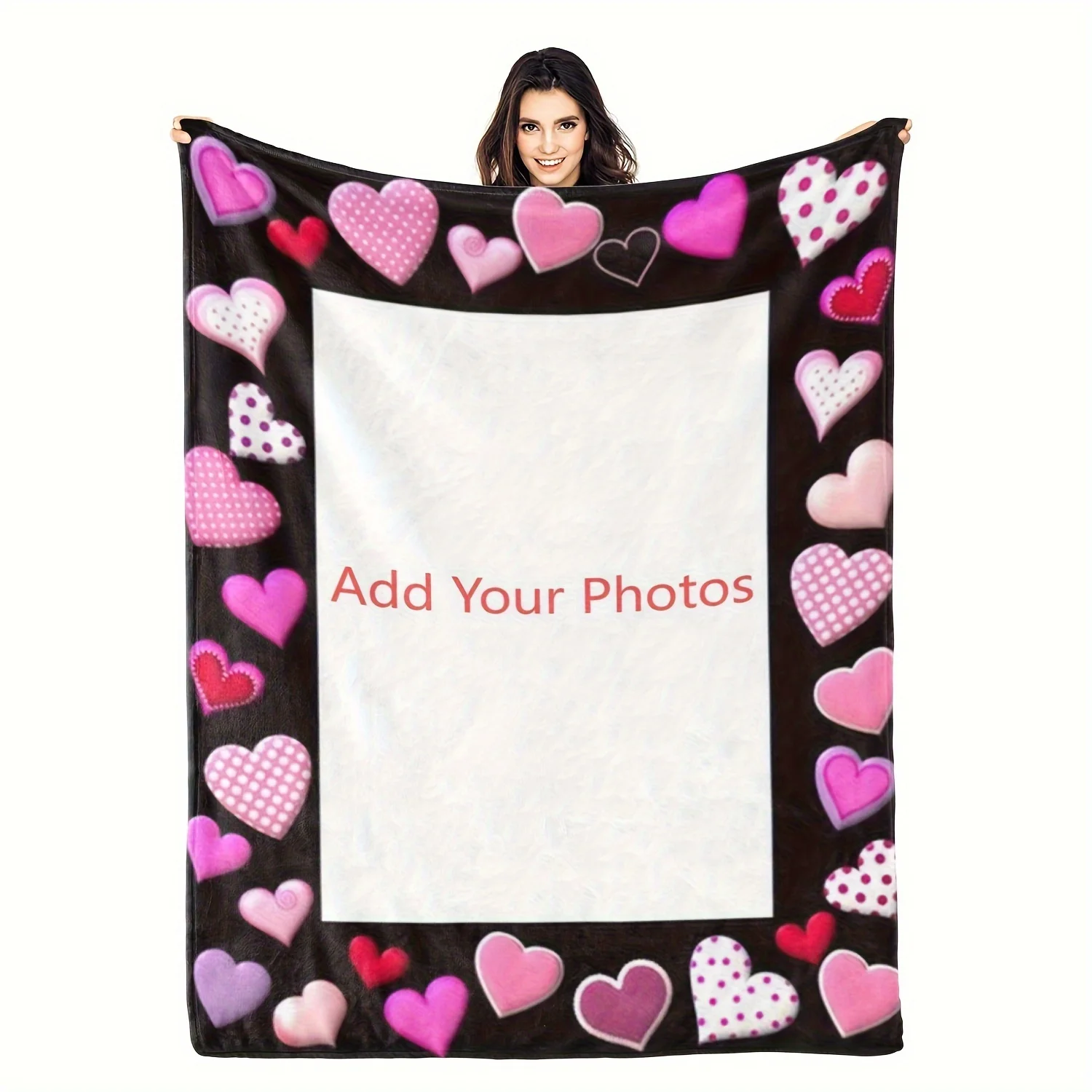 A personalized heart-shaped photo collage blanket made of ultra soft cotton, customizable to fit your own picture