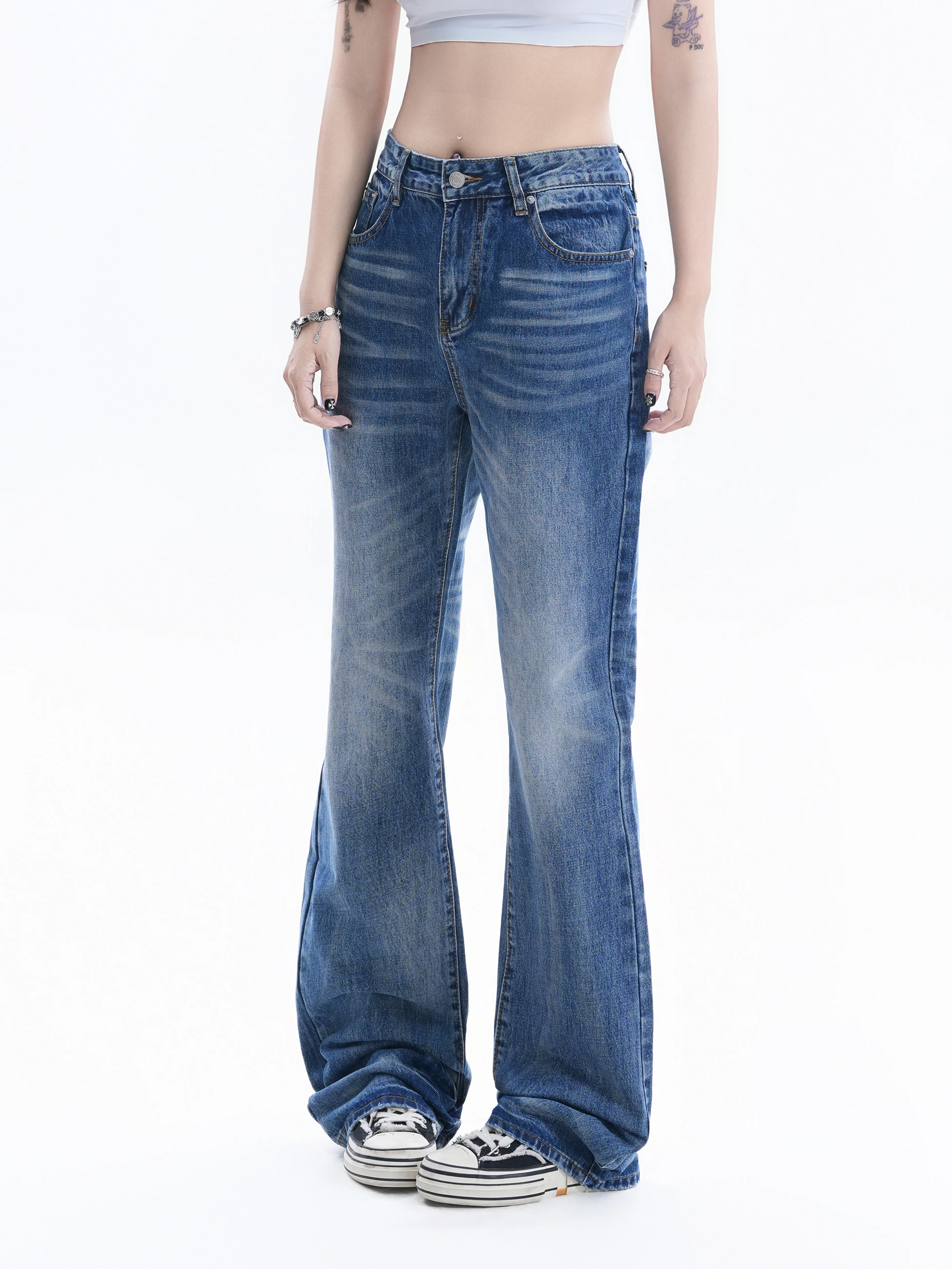 Retro American Small Ball Denim Jeans Women's Washed Faded Slimming Wide Leg Floor-Length Pants Cotton Natural Waist