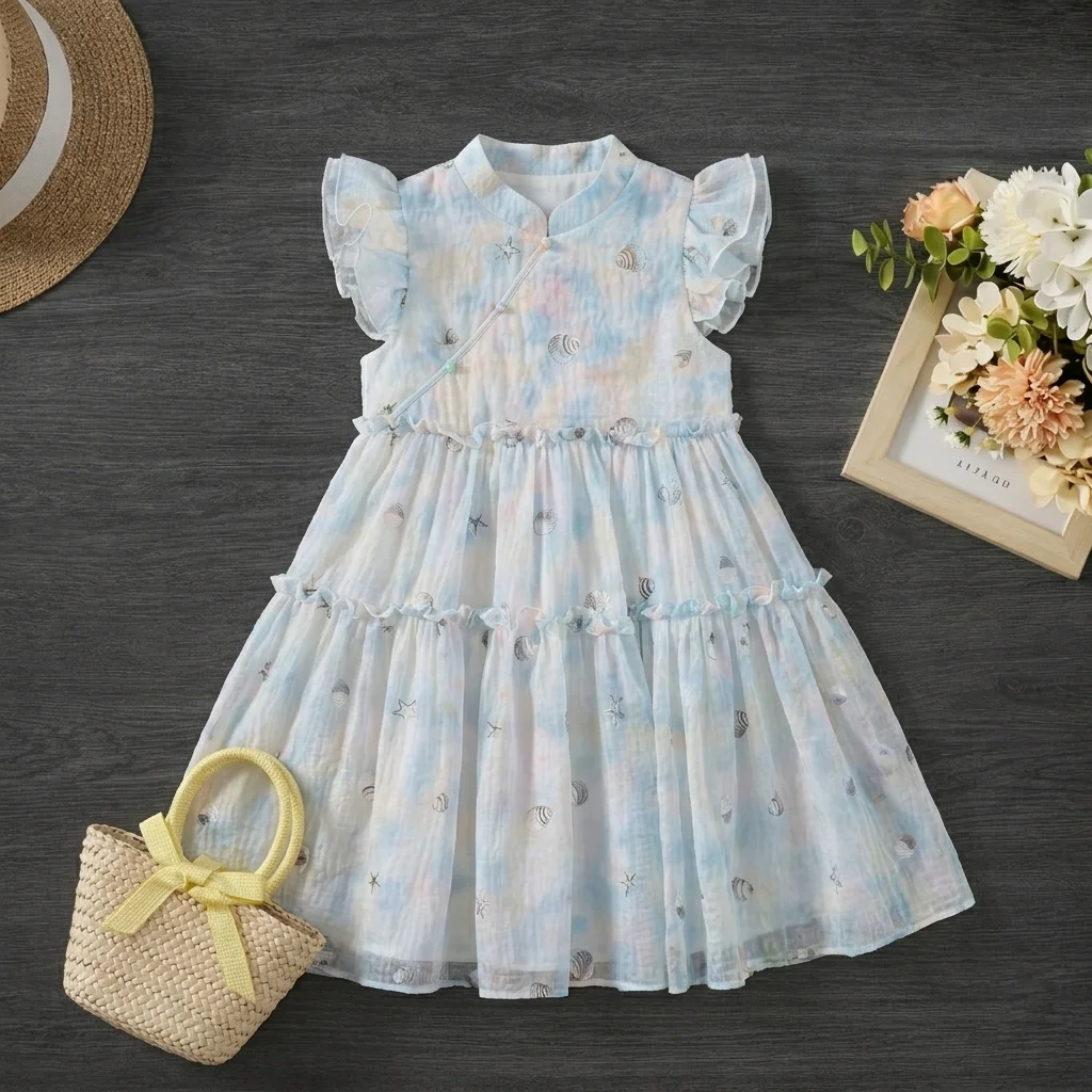 Dresses For Girls Princess Flutter Sleeve Ocean Shell Print Chiffon Tiered Cake Skirt Summer Party Birthday Dress Girls 6-12 Y