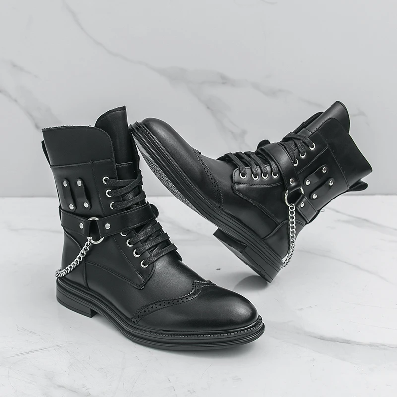 

Модные мужские ботинки, однотонные высокие мужские ботинки на низком каблуке с плоской подошвой, удобные мужские ботинки с индивидуальной цепочкой в стиле ретро