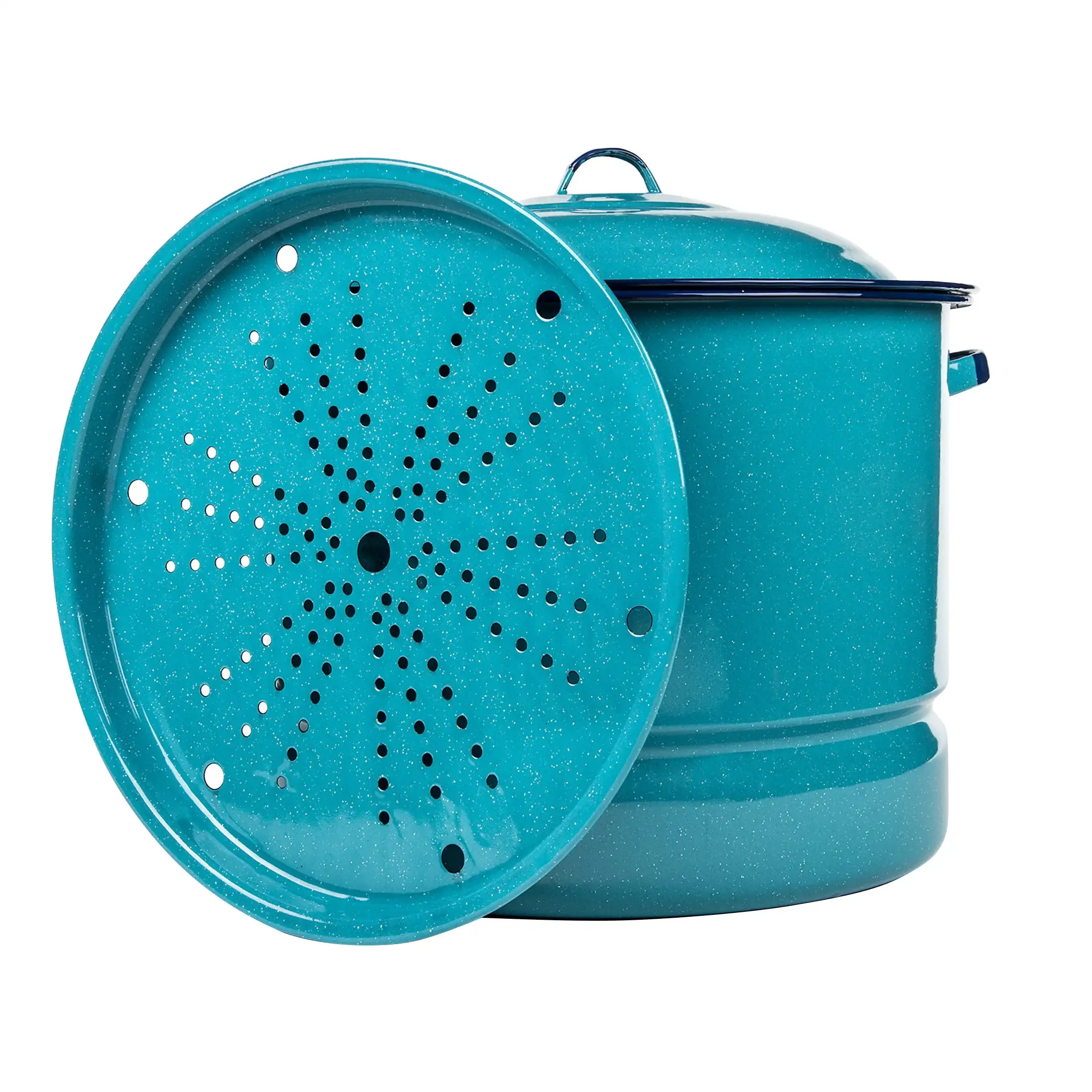 

34-Quart Enamel-Coated Steel Steamer Pot with Lid and Stainless Steel Trivet in Blue