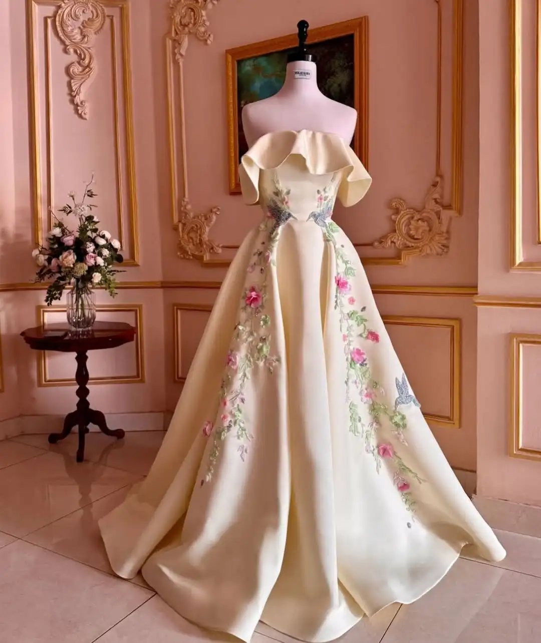 

Ofherown Off Shoulder Satin Evening Gown with Floral Embroidery Long Train Luxury Prom Dress for Wedding Party Formal Occasion