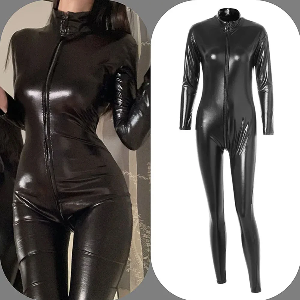 Tuta da donna sexy per adulti per spettacoli teatrali, cosplay di Halloween, tuta in ecopelle PU, adatta a maniche lunghe con cerniera