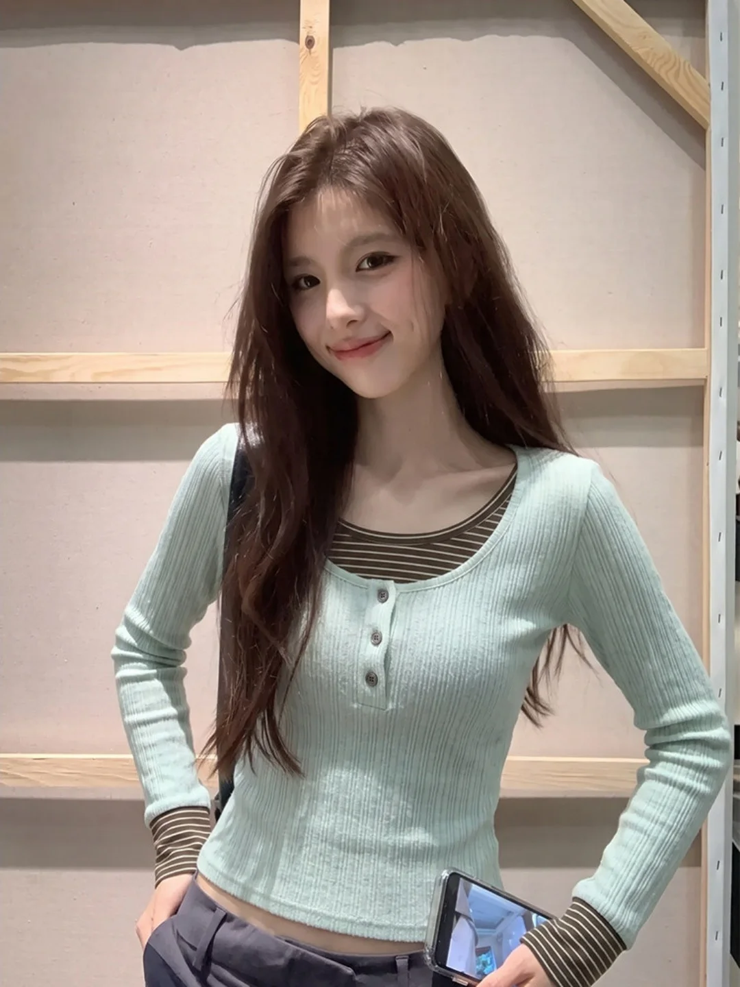 Green Striped Slim Fit Long Sleeve T-Shirt Women's Inner Wear Shoulder Length Korean Style Precise Small Top for Autumn