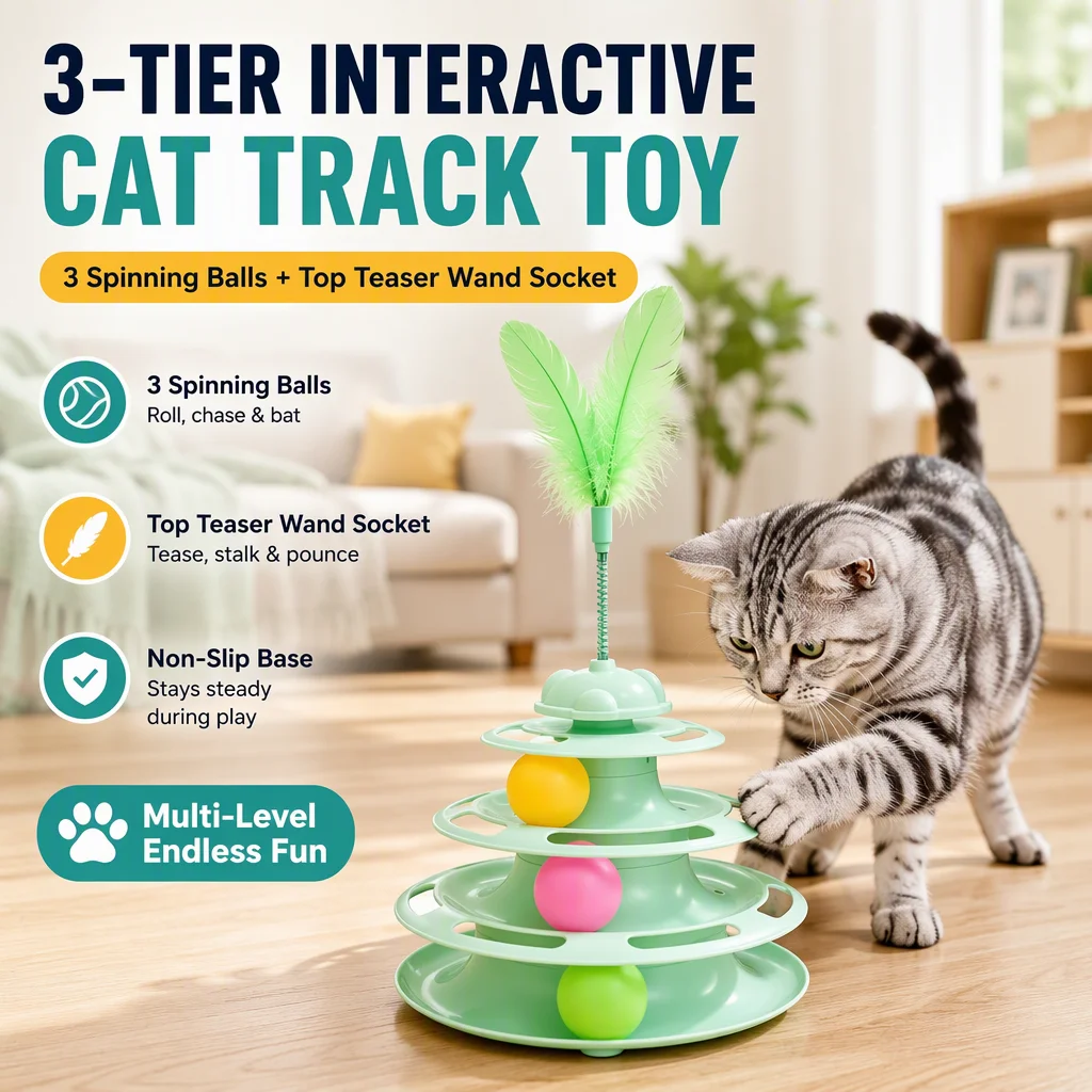 3 Tier Cat Toy Tracks Tower with Spinning Balls Interactive Cat Turntable Roller Kitten Feather Teaser Wand Socket Indoor