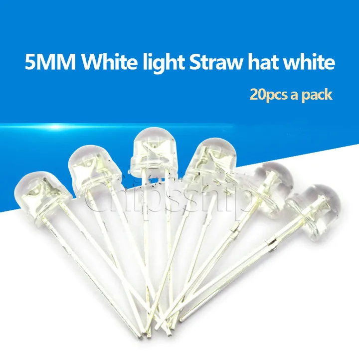 5MM White Light Straw Hat White LED Lamp Astigmic Light Emitting Diode 3.2-3.4V (20 PCS)