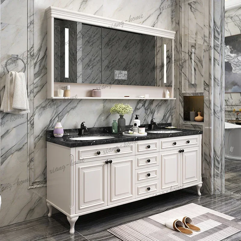 PG European-Style Bathroom Cabinet Solid Rubber Wood Floor-To-Ceiling Double Basin Washstand with Washbasin Pool for Bathroom