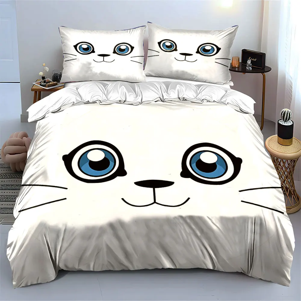 Cute Cat Design Sticker Set Soft Skin-Friendly Bedding Set Includes 1 Duvet Cover And 2 Pillowcase, Gift