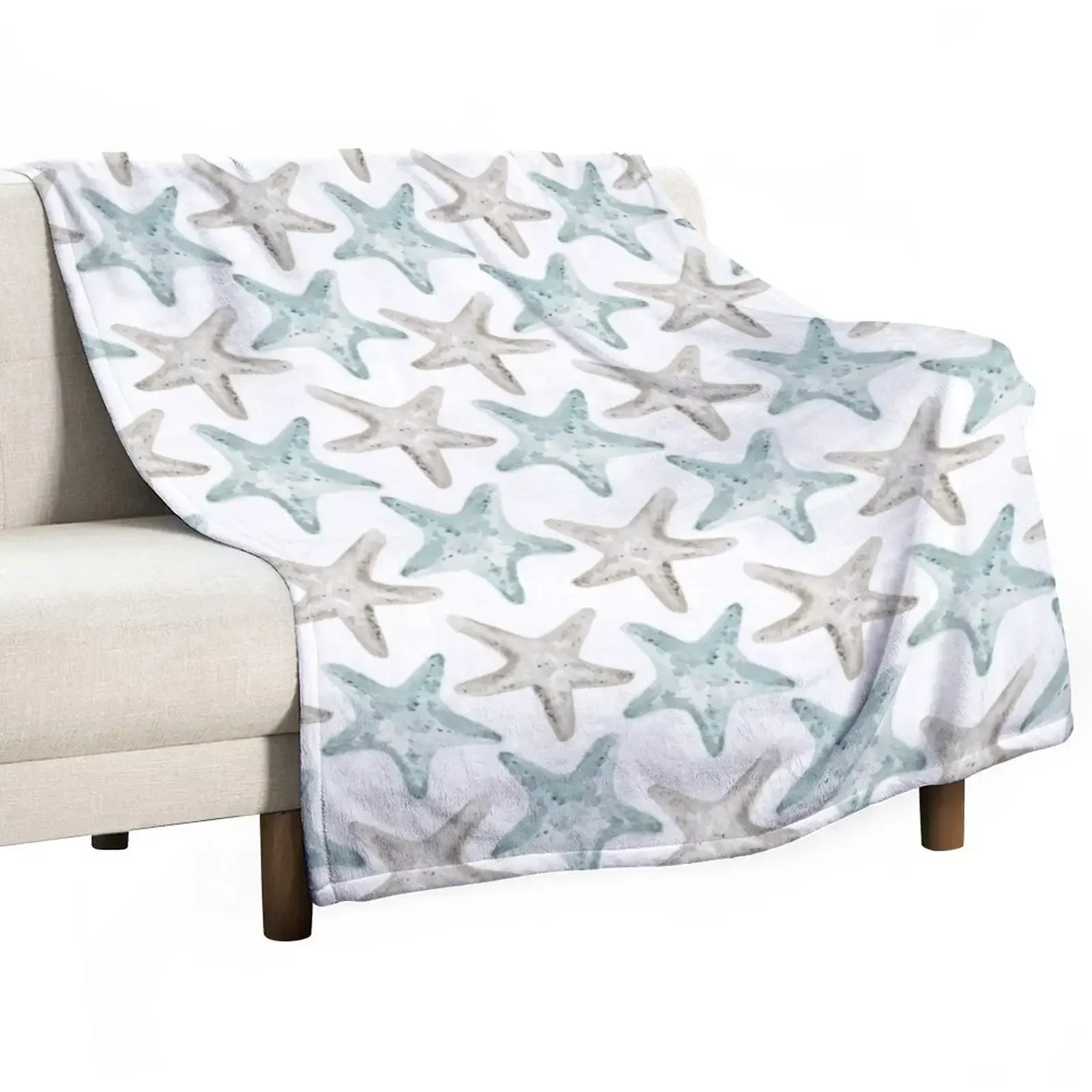 Starfish Pattern - Watercolor gray and coastal blue Throw Blanket Bed linens Sofa Quilt for winter Blankets