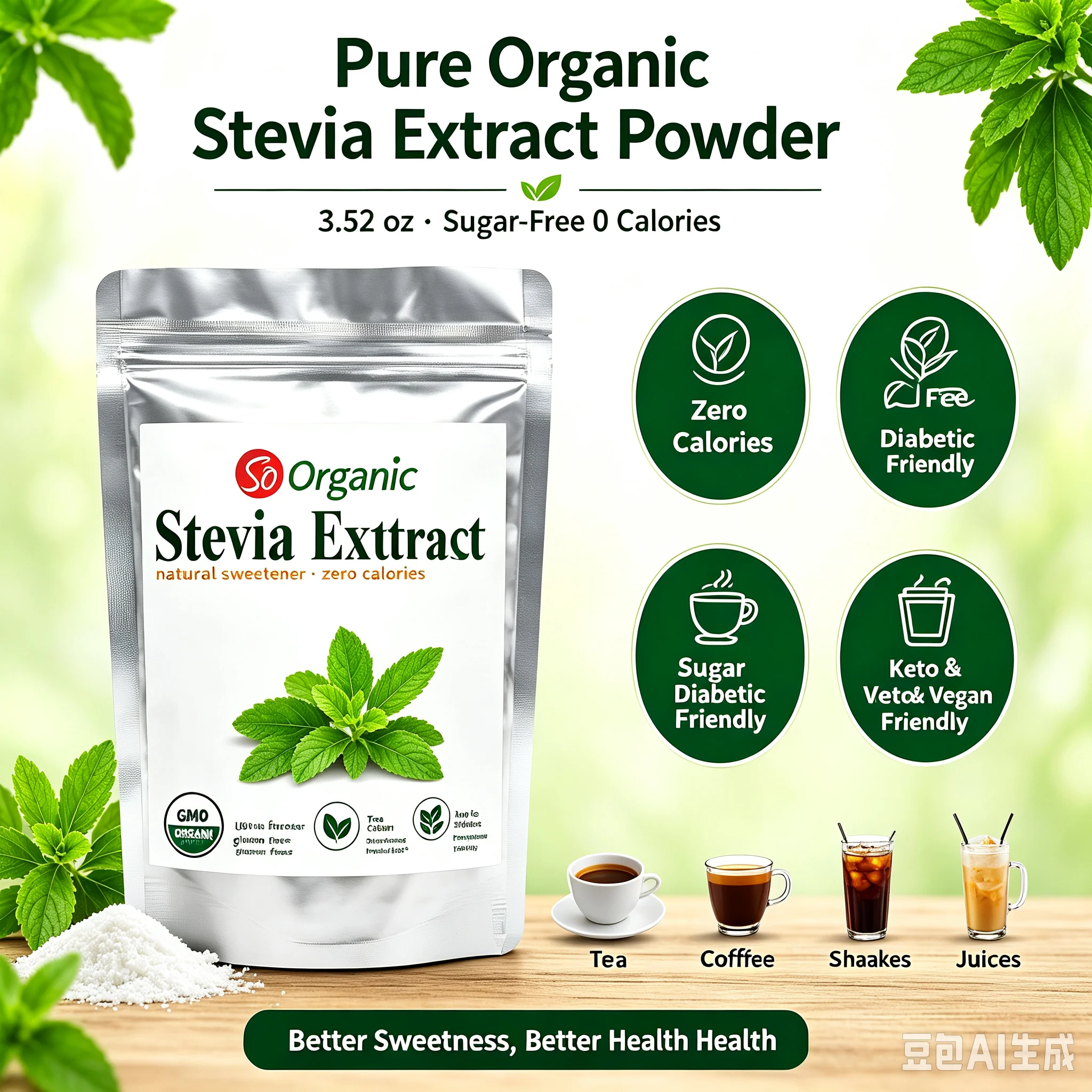Pure Organic Stevia Extract Powder, 3.52 oz, Sugar-Free 0 Calories, Natural Sweetener, Sugar Substitute, Keto & Vegan Friendly