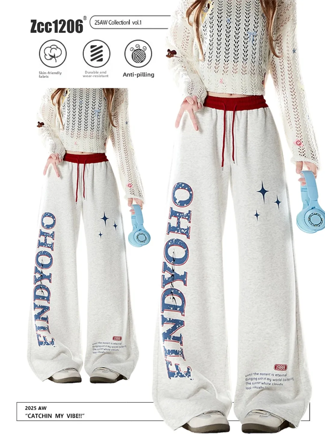 

Retro American Graffiti Color Block Letter Women's Sports Casual Pants Loose Slimming Wide Leg Long Trousers Spring 2026