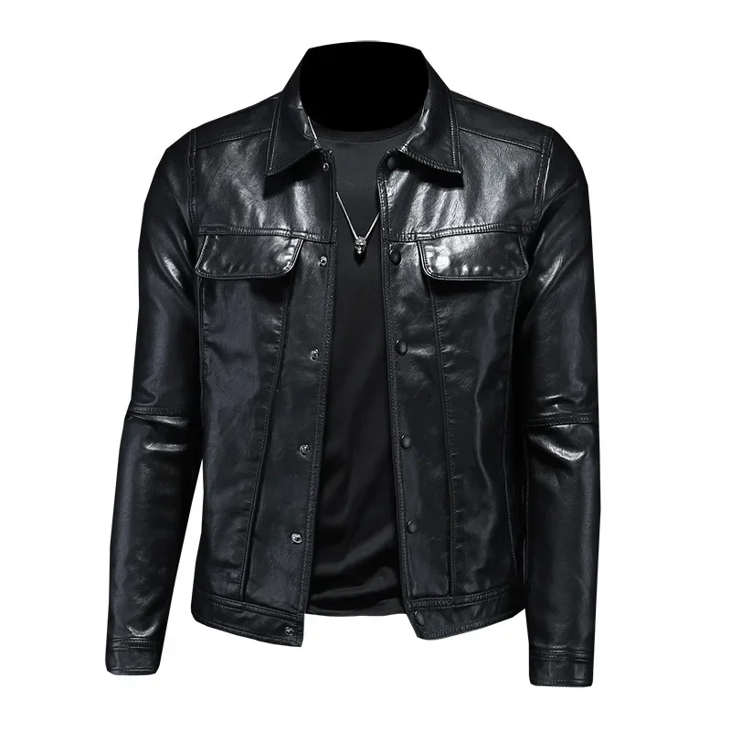 2023 Spring and Autumn Men\'s Fashion Polo Neck Motorcycle Leather Coat Slim Fit Men\'s Leather Coat Versatile Fashion Jacket