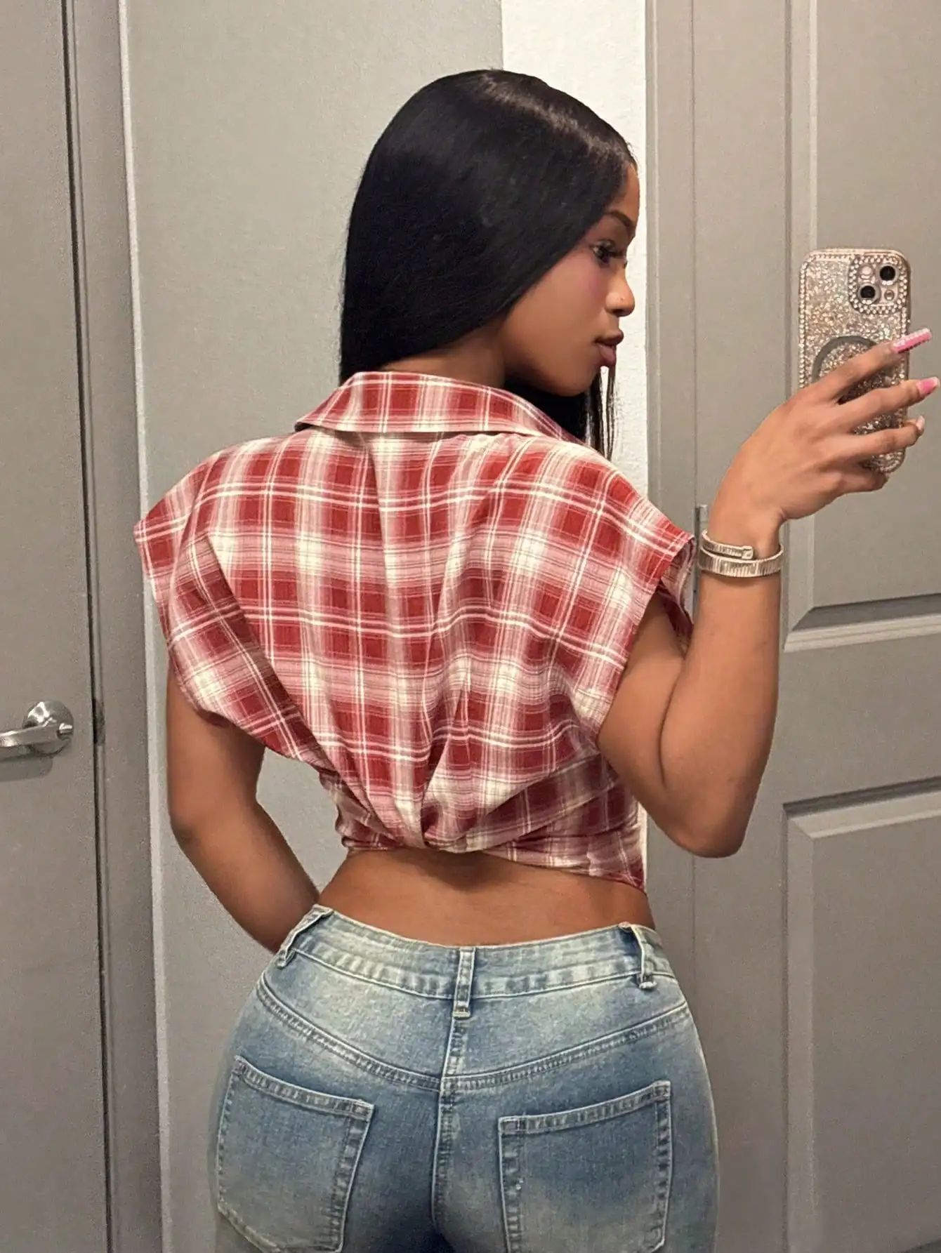 

Красный клетчатый укороченный топ с V-образным вырезом и рукавами-крылышками для женщин, повседневная уличная одежда