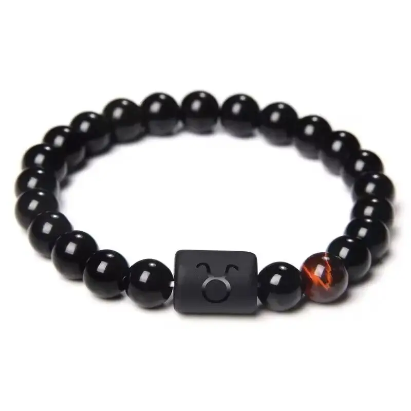 Zodiac Constellations Natural Black Agate Stone Bracelets for Men and Women Beaded Bracelet Jewelry Gifts