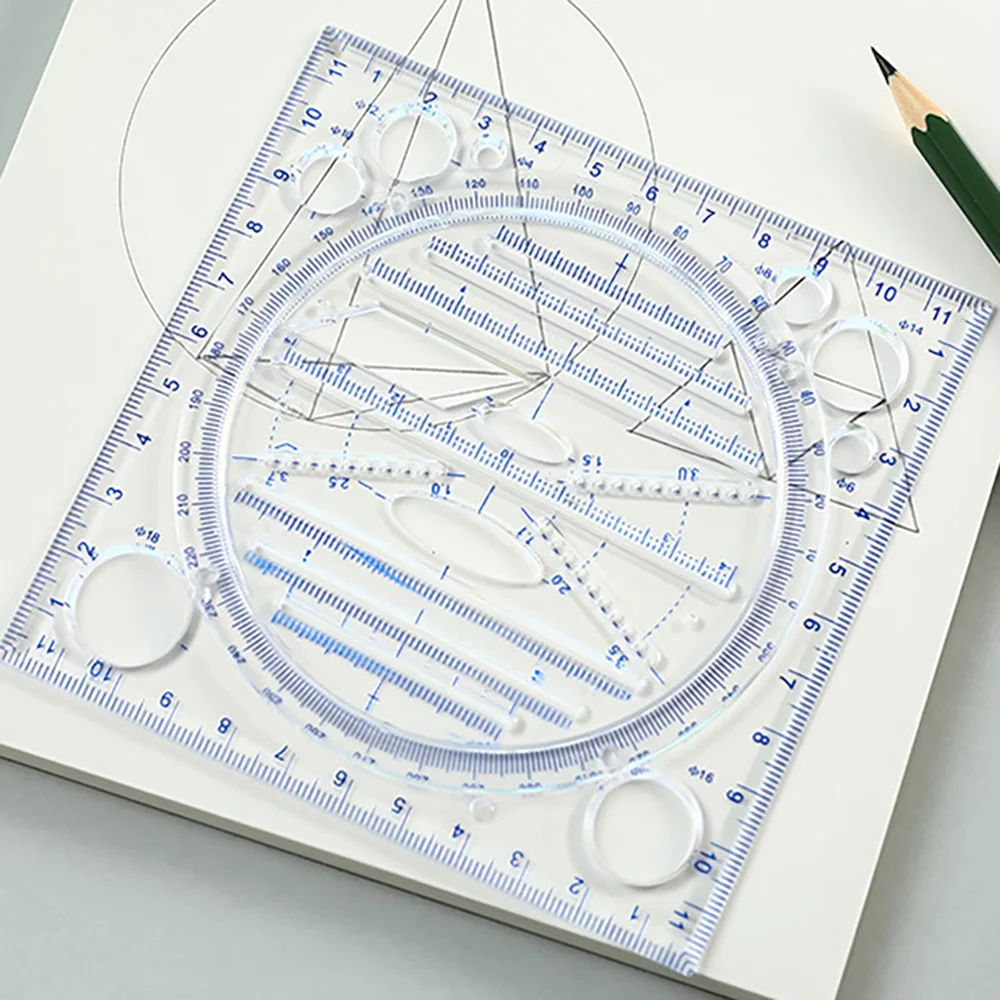 Multi functional drawing ruler, student mathematical function, graphic ruler, geometric drawing template ruler, protractor tool