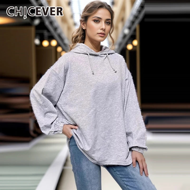 

CHICEVER Solid Fashion Sweatshirts For Women Round Neck Long Sleeve Patchwork Drawstring Hooded Casual Loose Sweatshirt Female