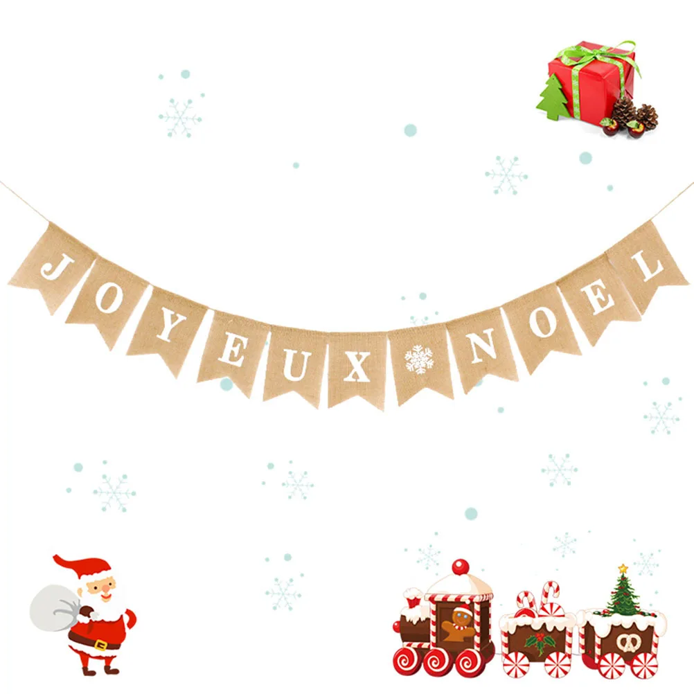 

Burlap Triangle Flags White Letter Snowflake Print Linen Christmas Bunting Party Decoration Banner For Fireplace Wall Tree