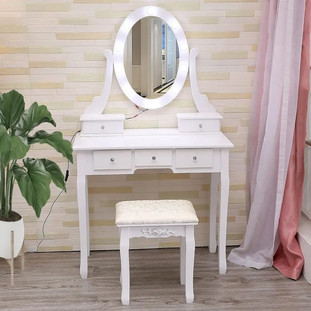 

Elegant Wooden Makeup Vanity Set with Oval Mirror and Stool for Bedroom, Suitable for Women and Girls, White