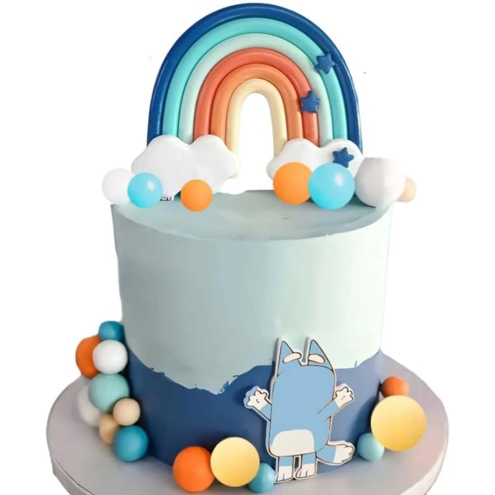 Lebendige blaue Regenbogen-Kuchenaufsätze mit orange-weißen Kugeln – Zubehör für Hunde-, Geburtstags- und Babyparty-Partydekorationen – Detail 3