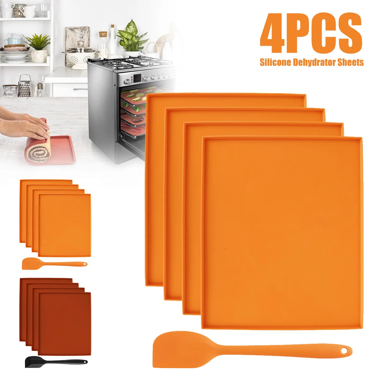 Folhas de desidratador de silicone com borda, fruta, líquido de couro, frutas, carne, legumes, ervas, bandejas antiaderentes, 4pcs