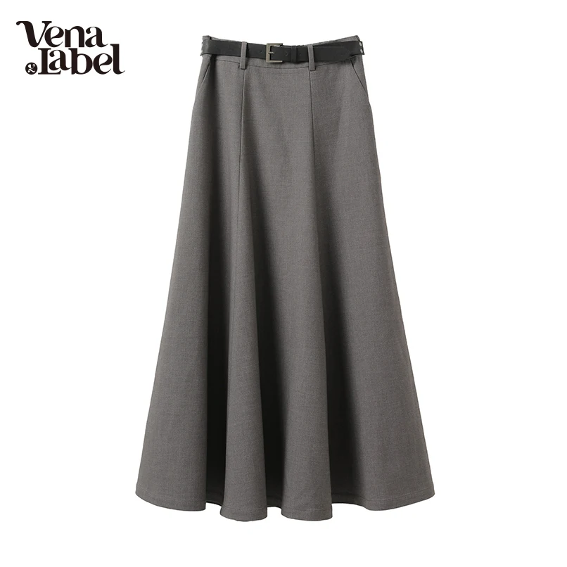 

Vena Label Women's Long Skirt Spring Autumn Decorative Belt High Street Elastic Waist Pocket Ankle Length Casual Skirt WA105