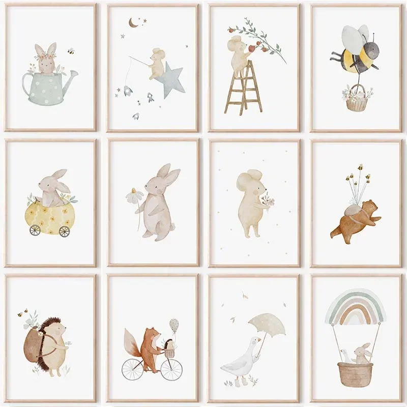 Boho Cartoon Farm Wall Art Canvas Painting Rabbit Fox Bear Bee Mouse Flower Posters Prints Pictures for Baby Kids Room Decor