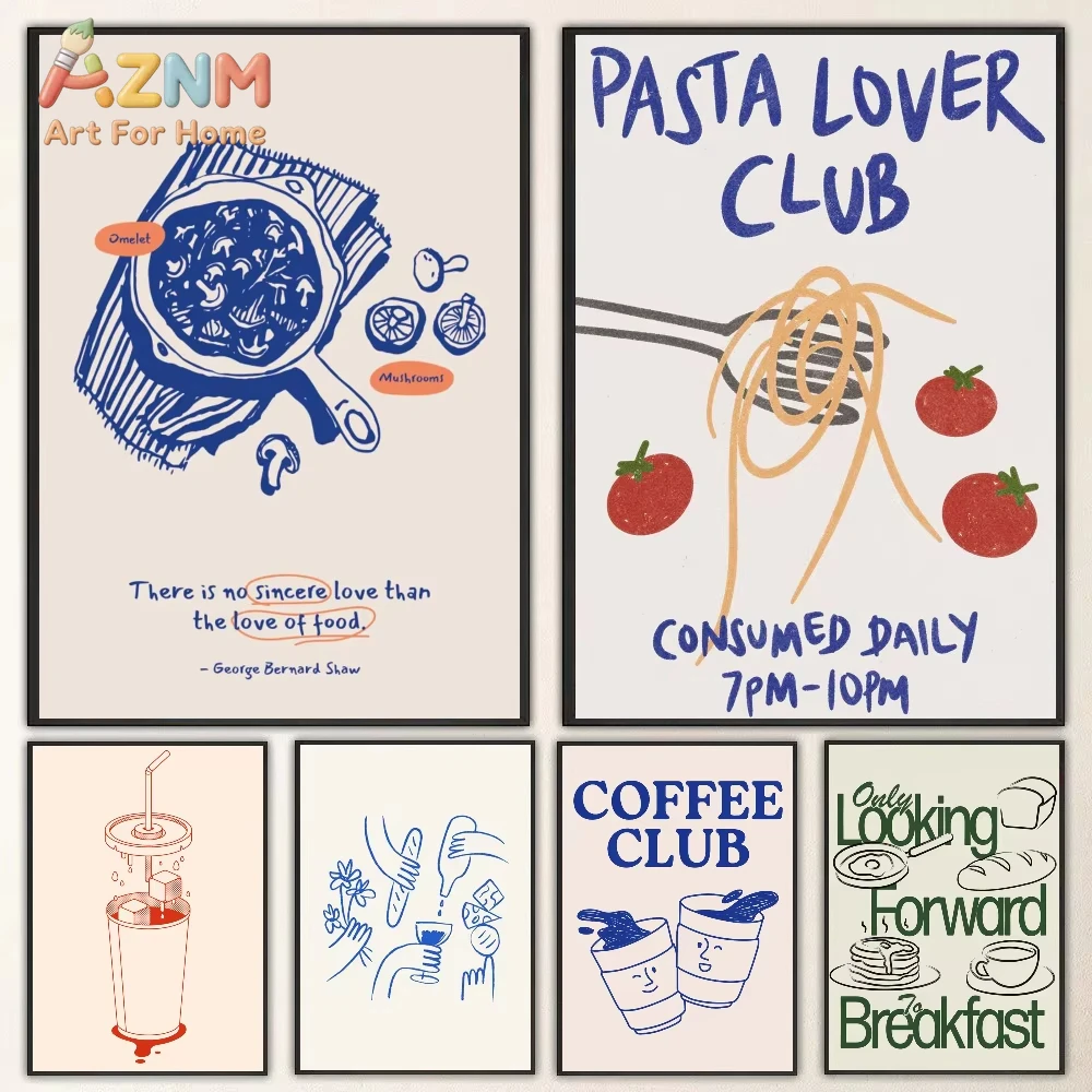 

1pc Cartoon Cupcake Coffee Club Canvas Print Pasta Beverage Food Kitchen Wall Art Poster for Room Coffee House Bar Home Decor