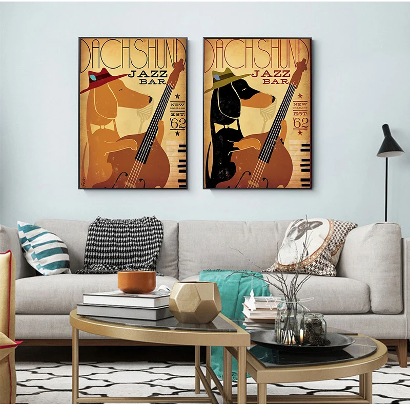 Wall Art Retro Music Dog Funny Animals Dachshund Jazz Bar Decor Wall Pictures for Living Room Home Decor Canvas Painting Cuadros