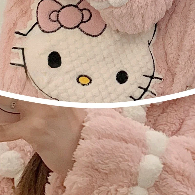 Hello Kitty Women Pajamas Winter Warm Flannel Nightwear Thickening Warm Long Sleeve Sleepwear Female Home Wear Pijamas Clothes