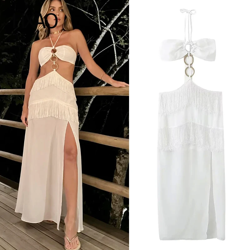 

HXAO Dresses for Women Dress Summer Dress Fringe Hollow White Strapless Dress Beach Dress Long Dress Lace-Up Chiffon Dress