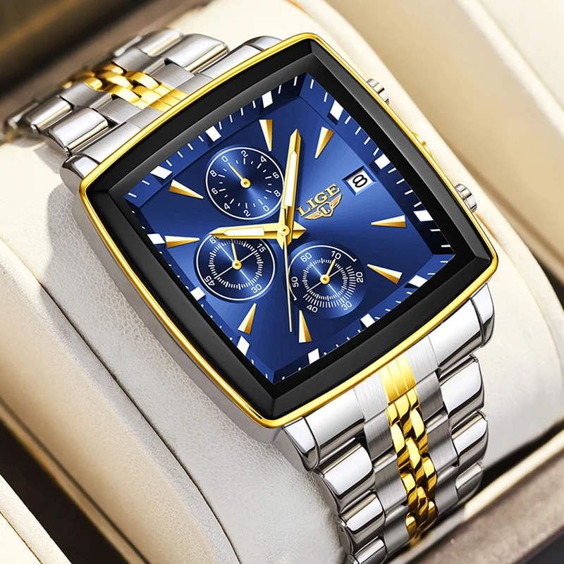 LIGE Business Watch Men Waterproof Luminous Chronograph Date Man Wristwatch Fashion Square Quartz Men's Watches Montre Homme+BOX