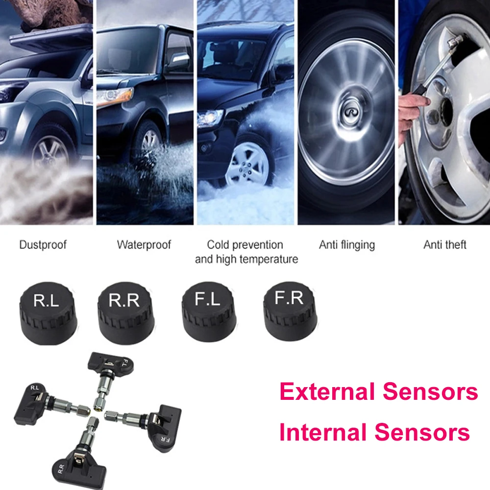 TPMS Tire Pressure Sensor Solar Car Tire Pressure Monitoring System with 4 Wheel Internal External Sensors TMPS Measuring Device