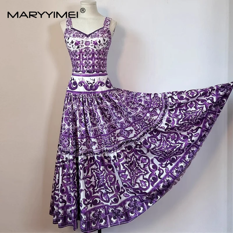 

MARYYIMEI Fashion design Women's Suit Spaghetti Strap Backless Short Tops+Pleated Casual Holiday A-Line Skirt Cotton 2-piece set