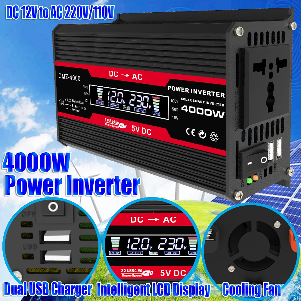 Power Inverter 4000W DC 12V to AC 220V Transformer with Universal USB Plug-in Charging with LED Display for RV Camping