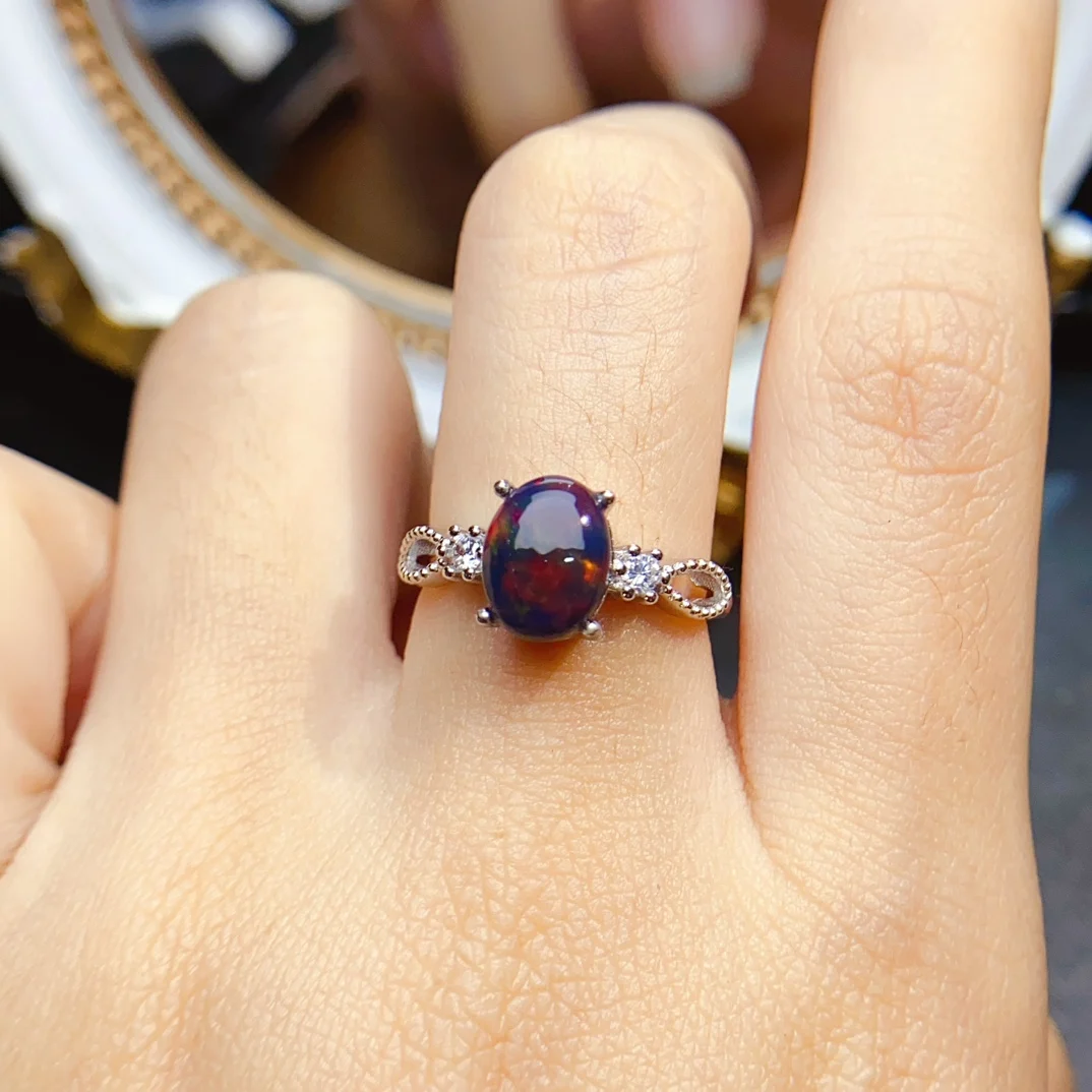 FS S925 Sterling Silver Inlay 7*9 Natural Black Opal Fashion Ring for Women Fine Charm Weddings Jewelry With Certificate MeiBaPJ