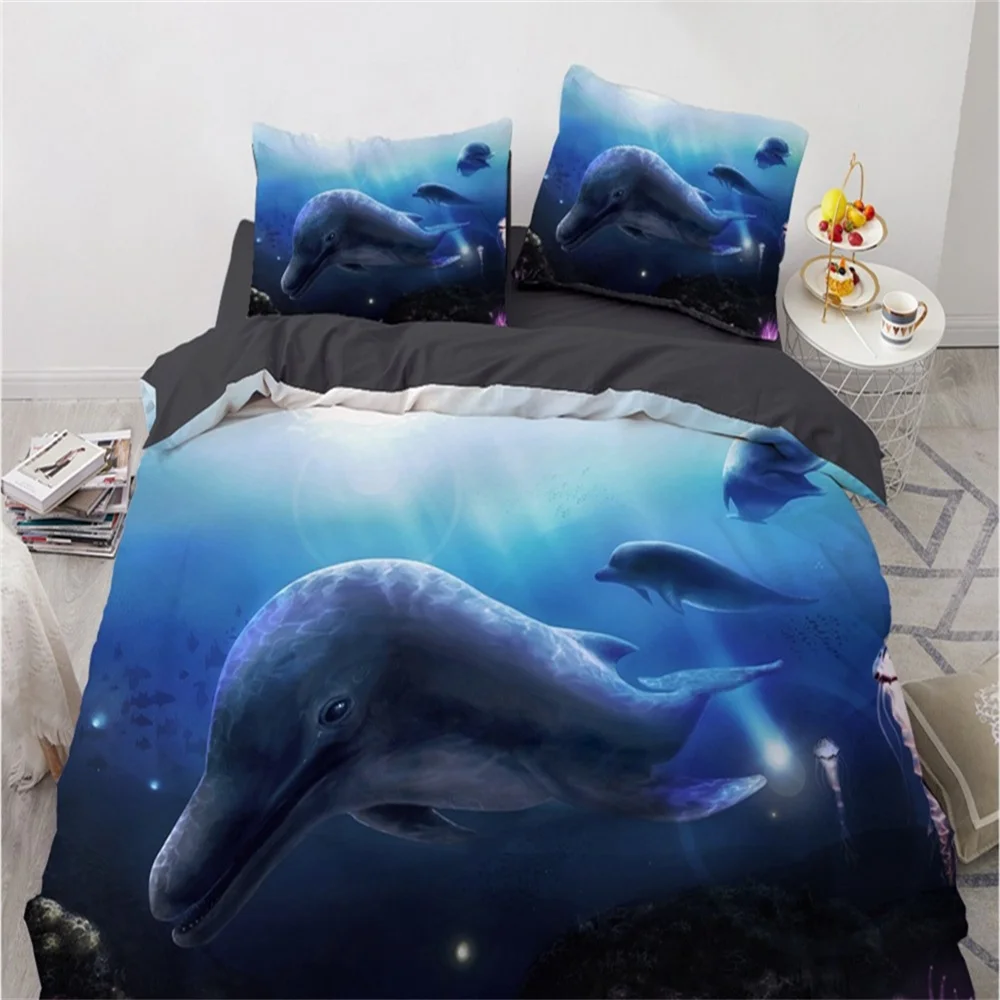 Fashion 3D Bedding Sets Sea Dolphin Blue Duvet Cover Set Cute Duvet Cover Pillowcase Luxury Home Texitle Queen Full Size 140x200